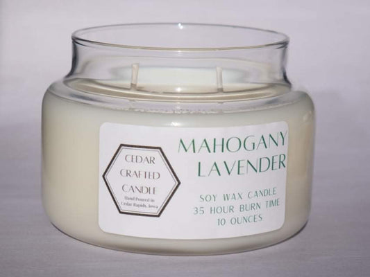 Hand-poured, nontoxic soy candle scented in Mahogany Lavender